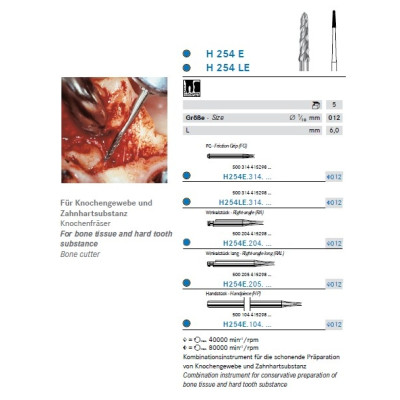 Cod: H254E - Freza chirurgicala pentru taiat tesut osos si substanta dentinara dura
 DiametruFrezeKomet-012 Lungimi /TijaFrezaKomet-314-19 mm